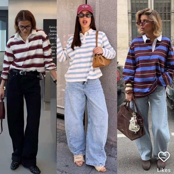 NWOT VENROY Striped Jersey Polo Striped Retro Rugby Long Sleeve Cropped Top L - Picture 2 of 7